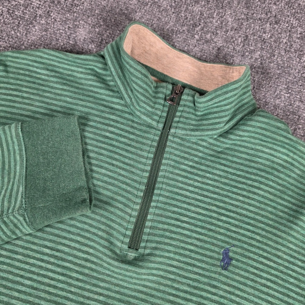Polo Ralph Lauren 1/4 Zip Pullover Mens L Green Striped Mock Neck Pony Soft